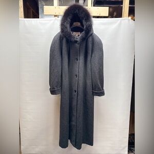 Vintage Andrea Long Wool Gray Charcoal Real Fox Fur Trim Hooded Coat Size 20W